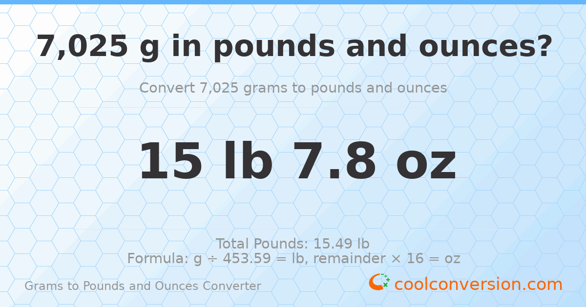 7025 g to lb and oz — 7025 g = 15 lb 7.8 oz