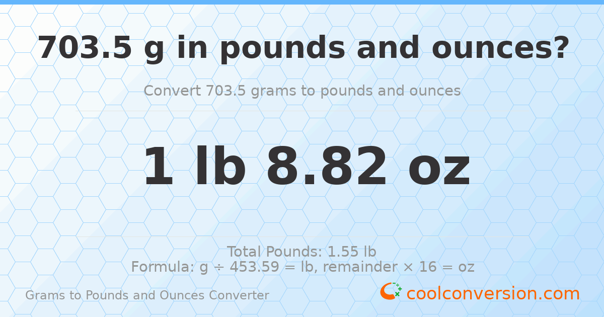 703.5 g to lb and oz — 703.5 g = 1 lb 8.82 oz