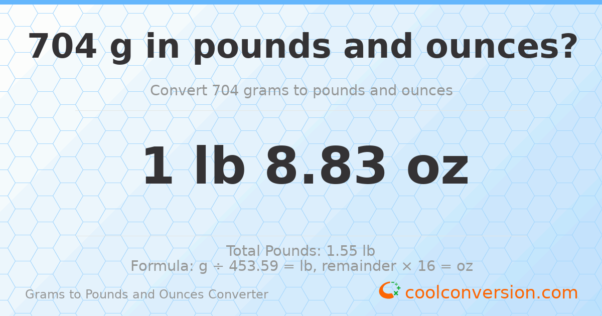 704 g to lb and oz — 704 g = 1 lb 8.83 oz