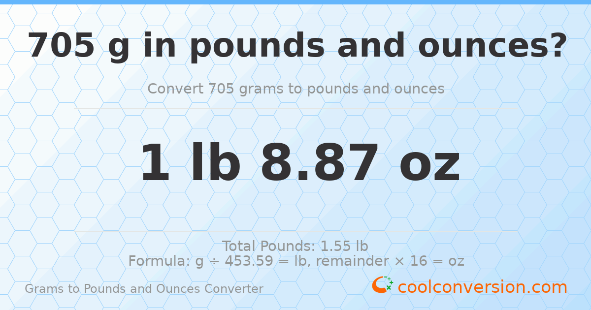 705 g to lb and oz — 705 g = 1 lb 8.87 oz
