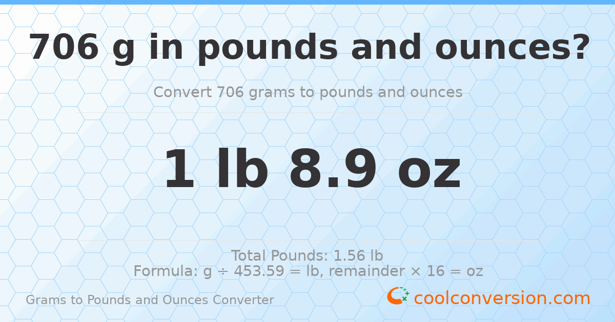 706 g to lb and oz — 706 g = 1 lb 8.9 oz