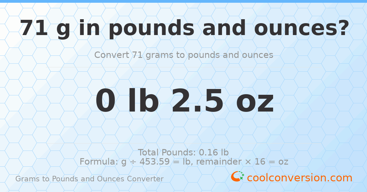 71 g to lb and oz — 71 g = 0 lb 2.5 oz