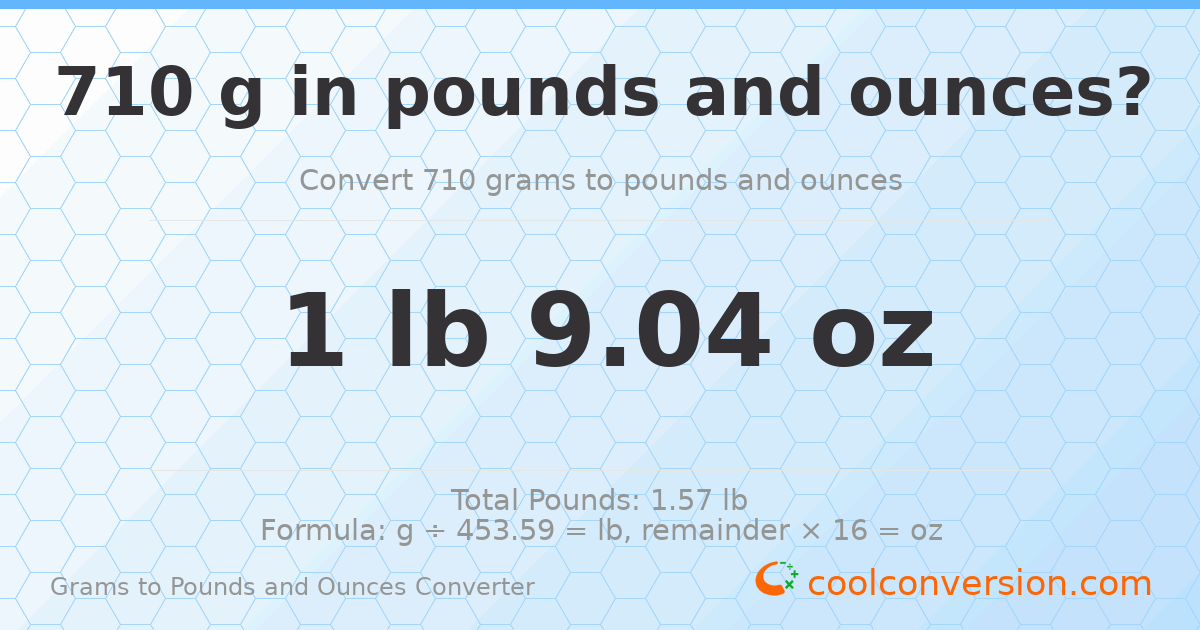 710 g to lb and oz — 710 g = 1 lb 9.04 oz