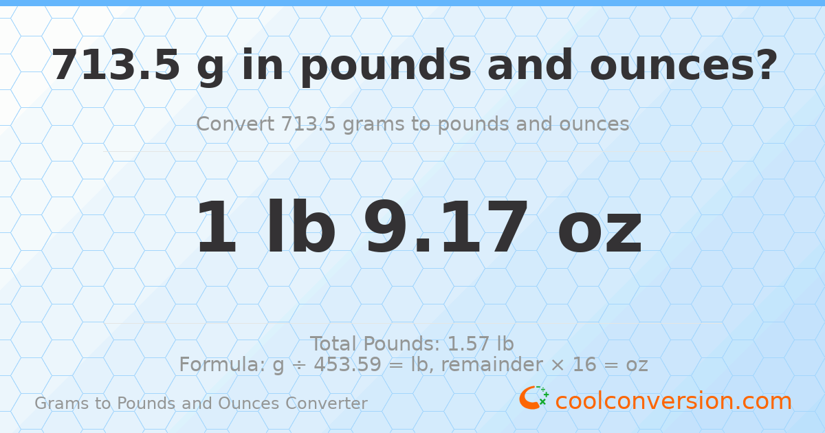 713.5 g to lb and oz — 713.5 g = 1 lb 9.17 oz