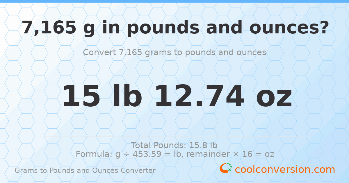 7165 g to lb and oz — 7165 g = 15 lb 12.74 oz