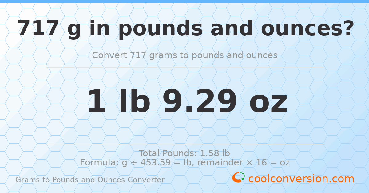 717 g to lb and oz — 717 g = 1 lb 9.29 oz