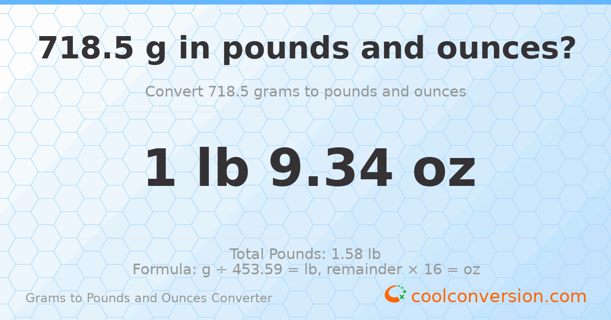 718.5 g to lb and oz — 718.5 g = 1 lb 9.34 oz