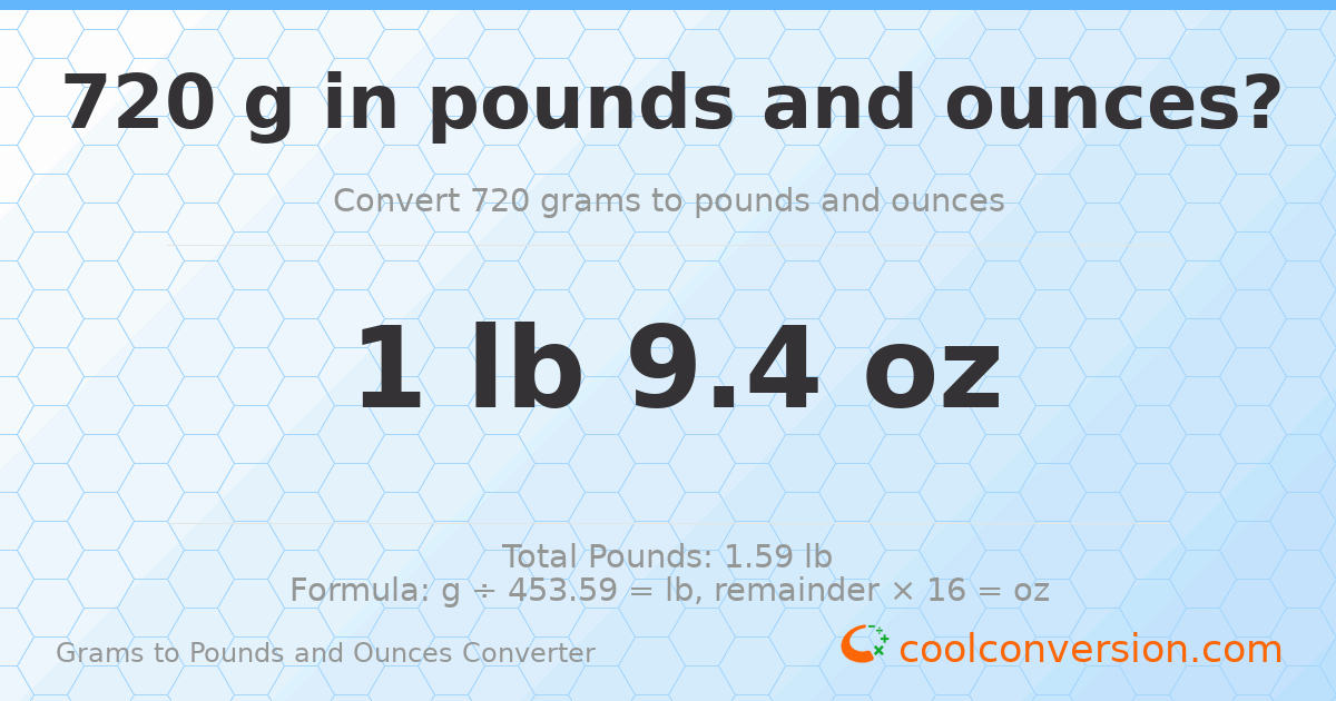 720 g to lb and oz — 720 g = 1 lb 9.4 oz