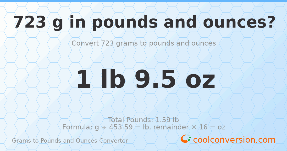 723 g to lb and oz — 723 g = 1 lb 9.5 oz