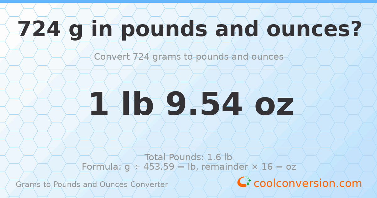 724 g to lb and oz — 724 g = 1 lb 9.54 oz