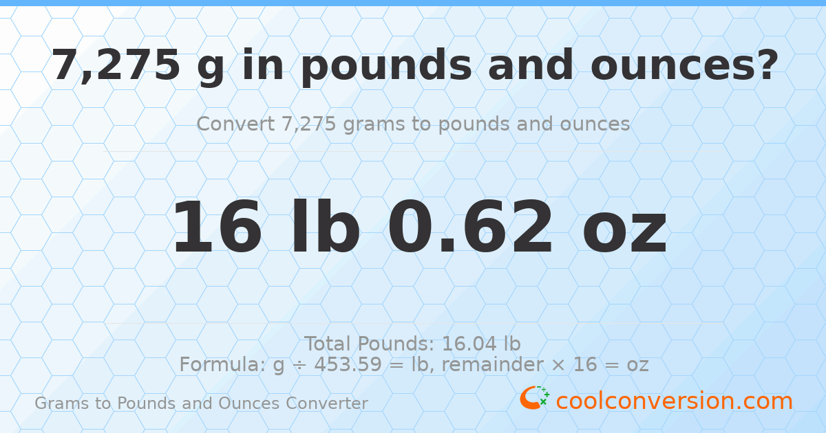 7275 g to lb and oz — 7275 g = 16 lb 0.62 oz
