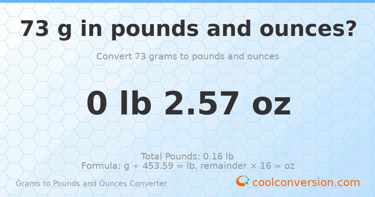 73 g to lb and oz — 73 g = 0 lb 2.57 oz