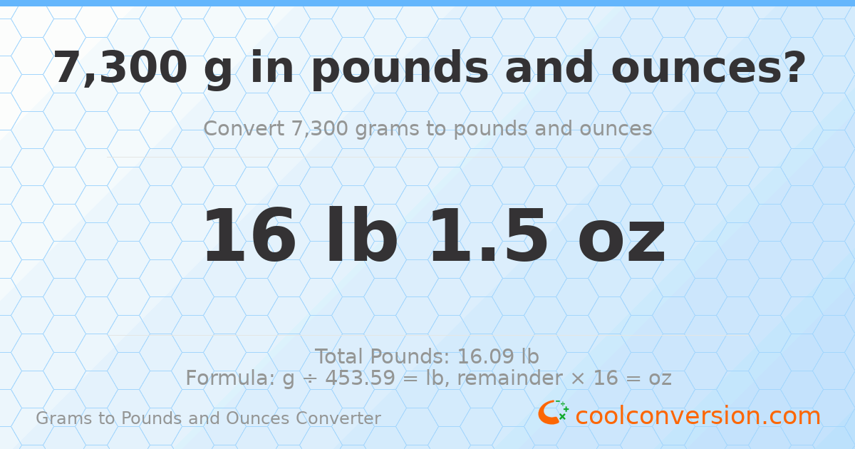 7300 g to lb and oz — 7300 g = 16 lb 1.5 oz