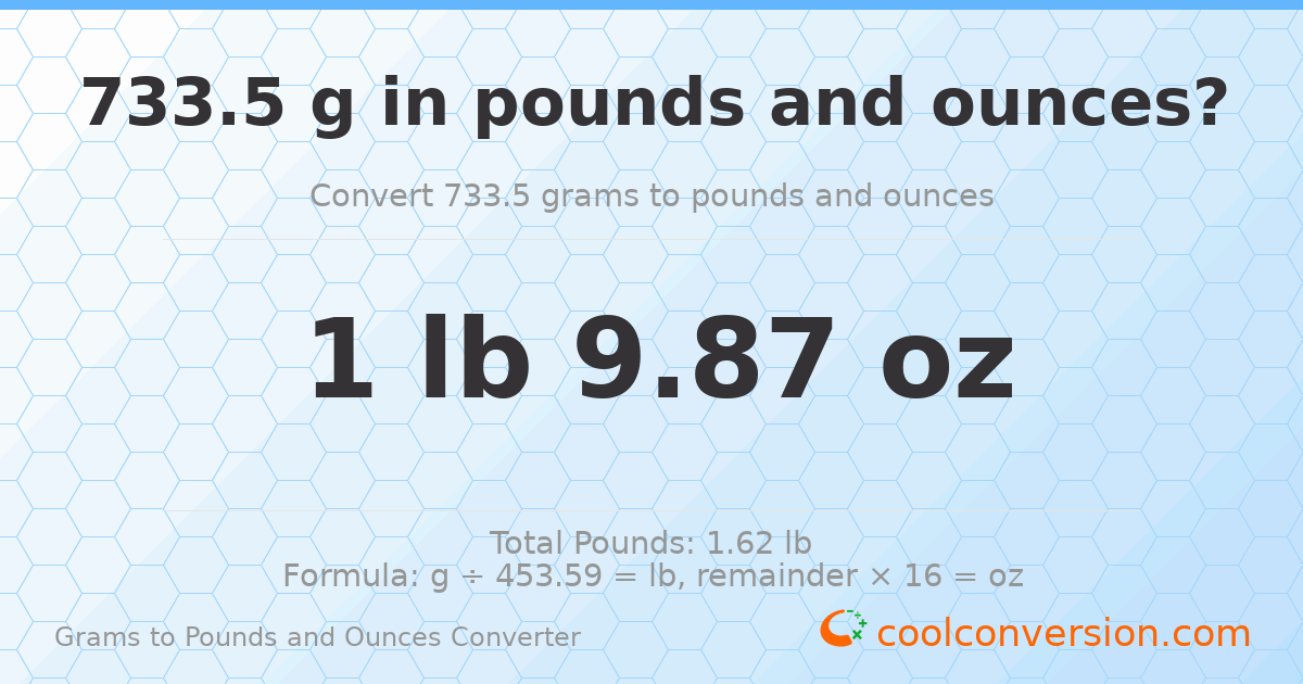 733.5 g to lb and oz — 733.5 g = 1 lb 9.87 oz