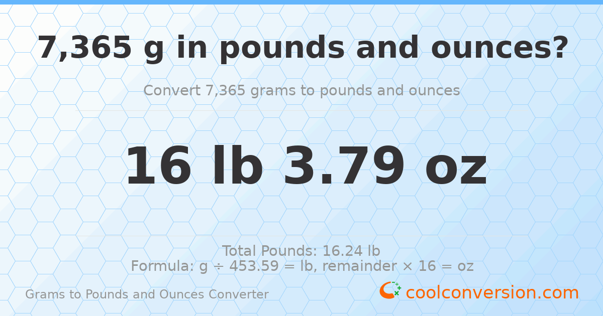 7365 g to lb and oz — 7365 g = 16 lb 3.79 oz