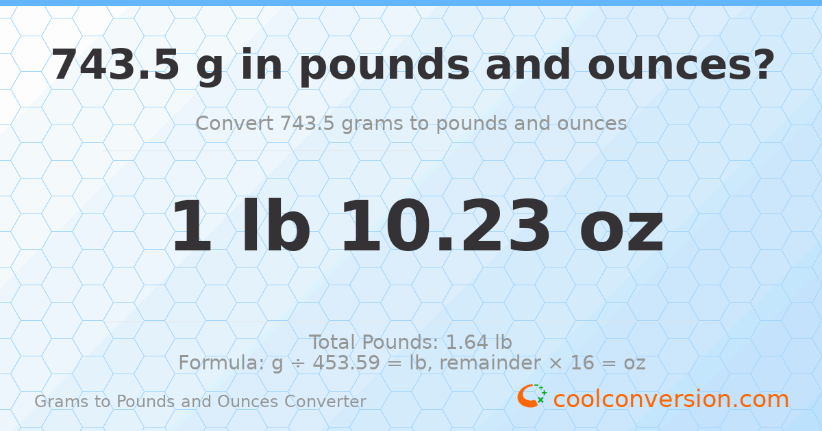 743.5 g to lb and oz — 743.5 g = 1 lb 10.23 oz