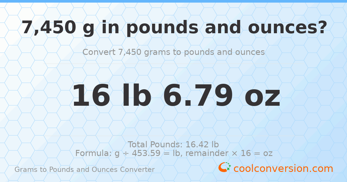 7450 g to lb and oz — 7450 g = 16 lb 6.79 oz