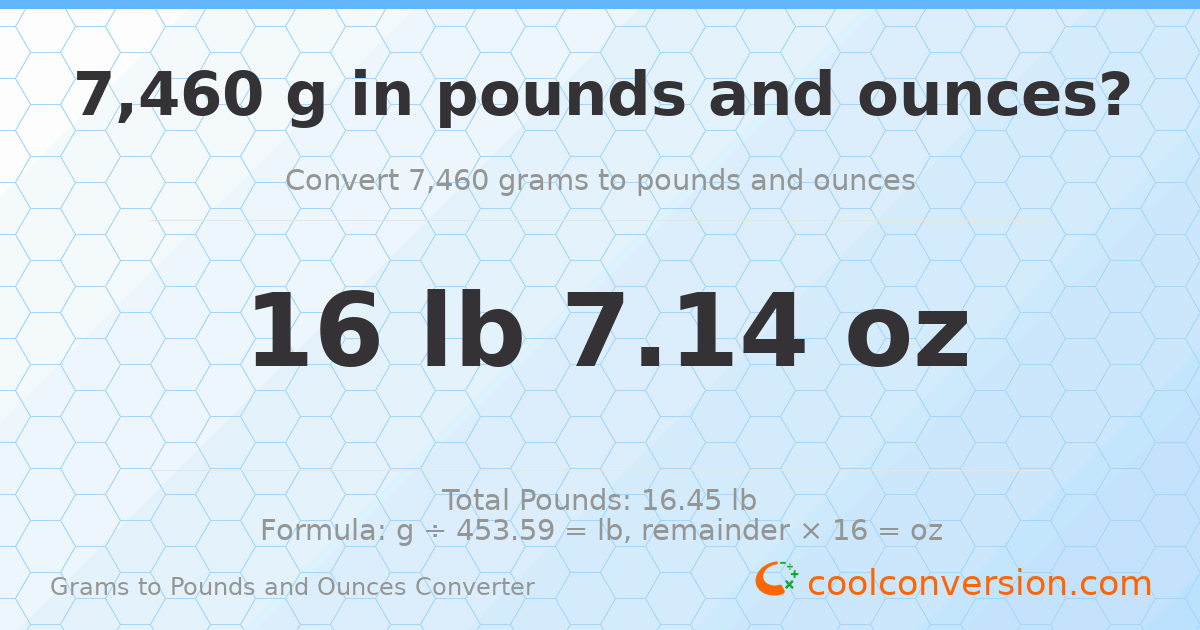 7460 g to lb and oz — 7460 g = 16 lb 7.14 oz