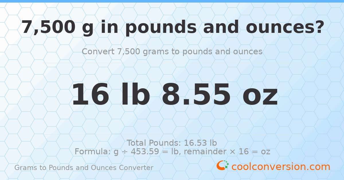 7500 g to lb and oz — 7500 g = 16 lb 8.55 oz