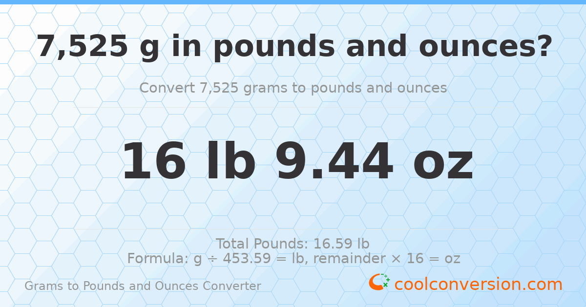 7525 g to lb and oz — 7525 g = 16 lb 9.44 oz
