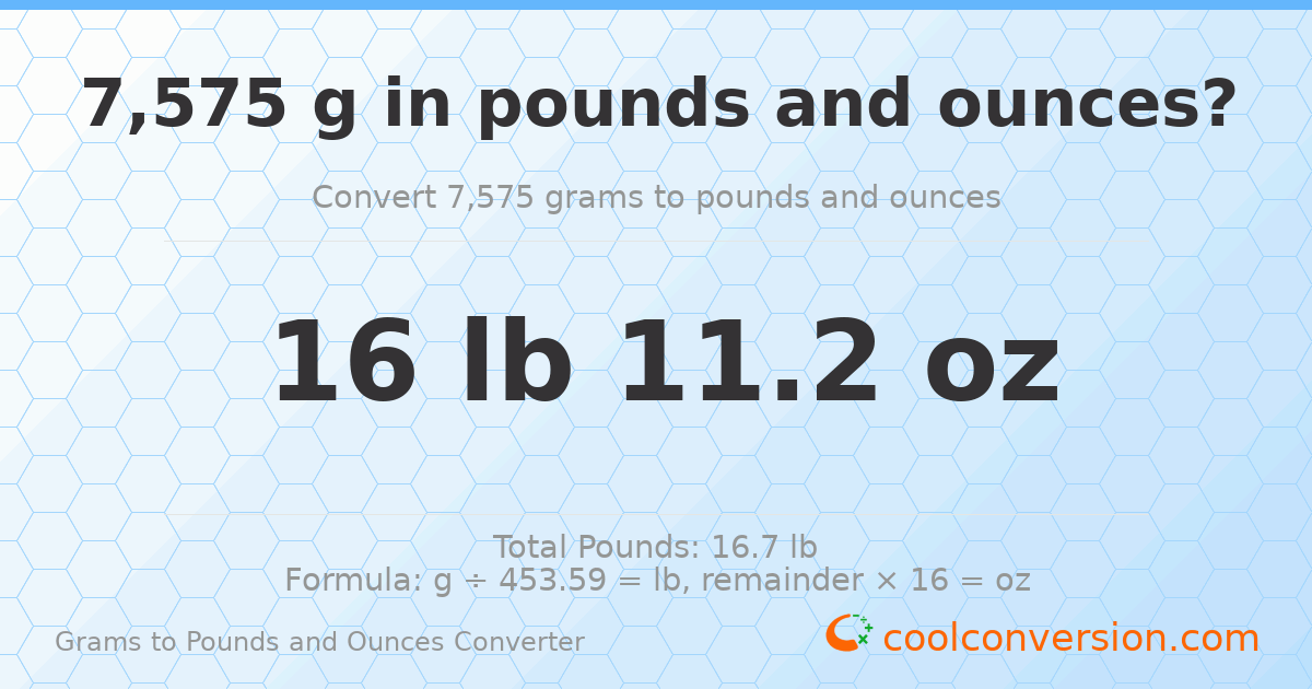 7575 g to lb and oz — 7575 g = 16 lb 11.2 oz