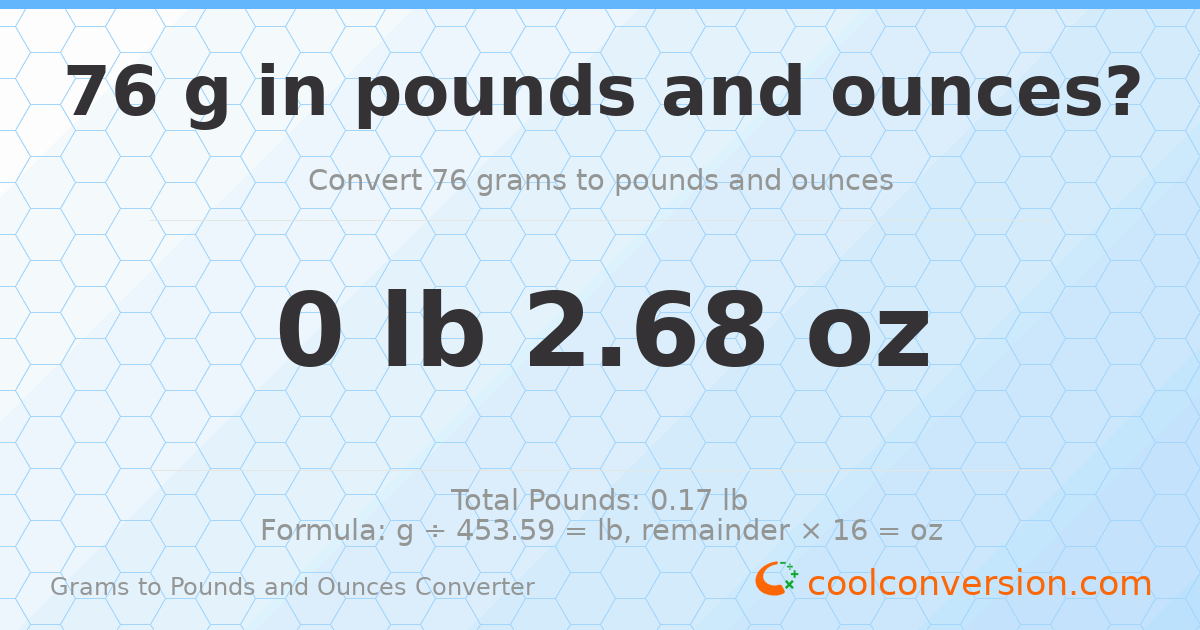 76 g to lb and oz — 76 g = 0 lb 2.68 oz