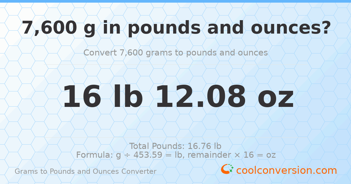 7600 g to lb and oz — 7600 g = 16 lb 12.08 oz