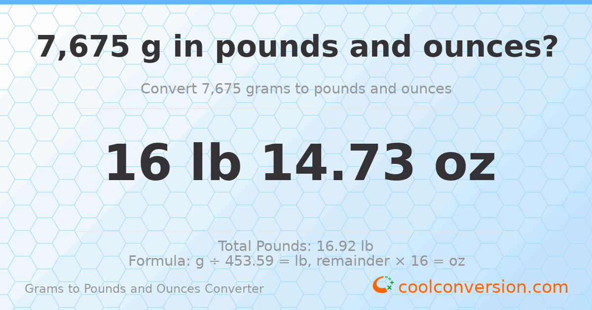 7675 g to lb and oz — 7675 g = 16 lb 14.73 oz
