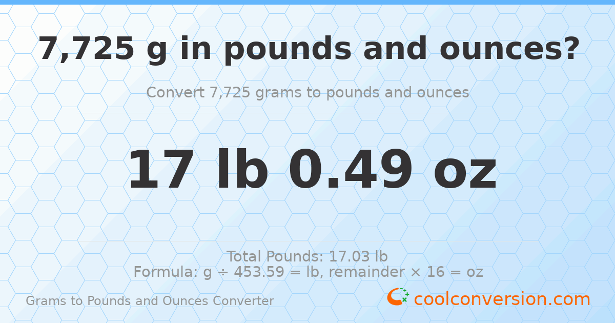7725 g to lb and oz — 7725 g = 17 lb 0.49 oz