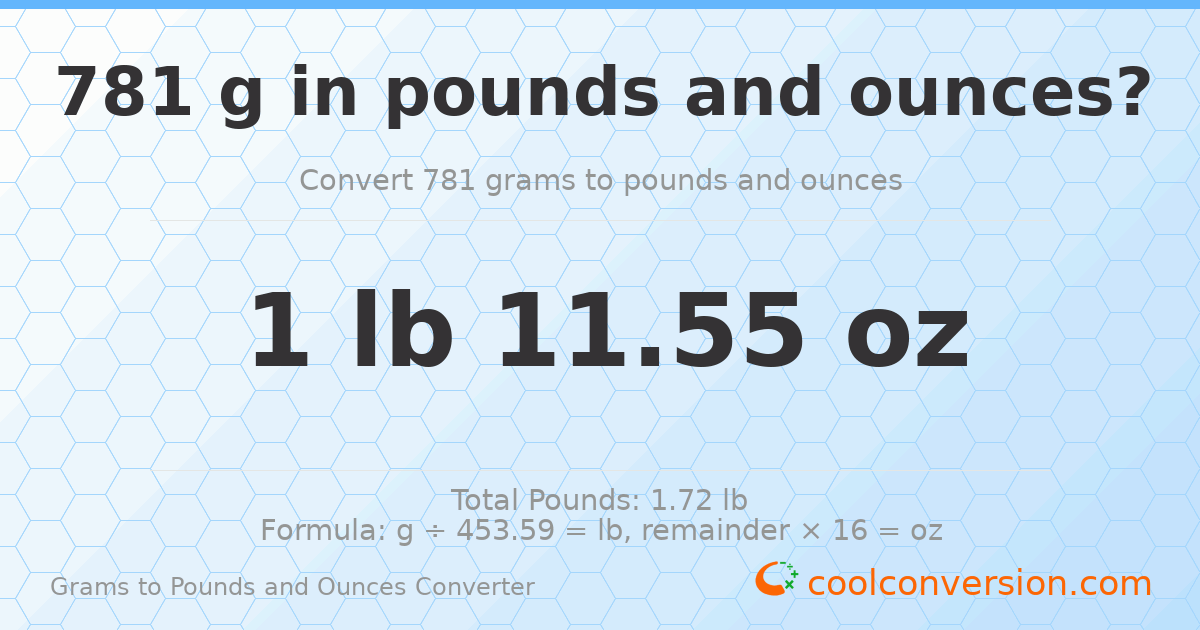 781 g to lb and oz — 781 g = 1 lb 11.55 oz