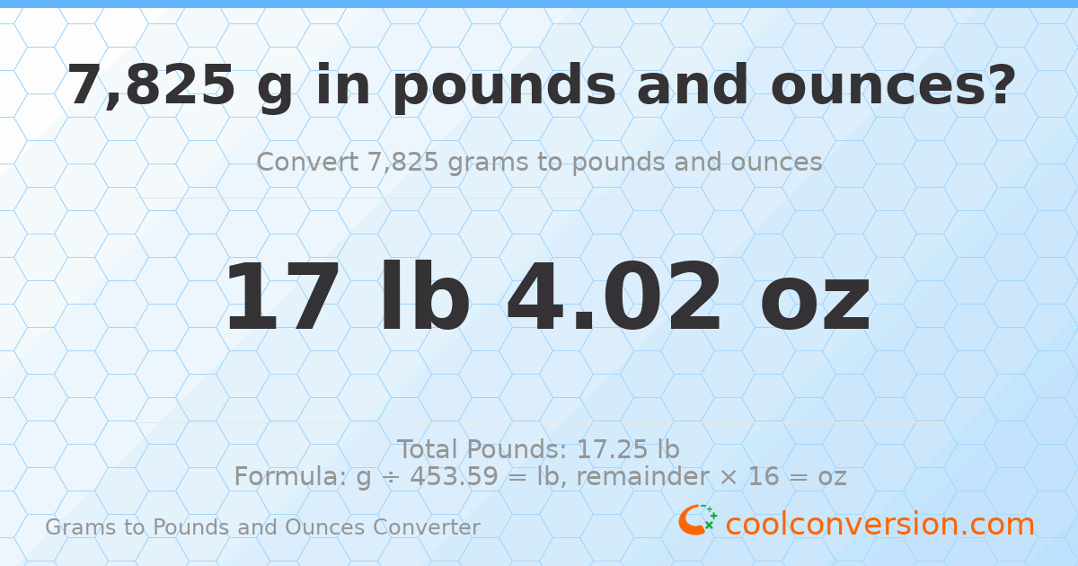 7825 g to lb and oz — 7825 g = 17 lb 4.02 oz