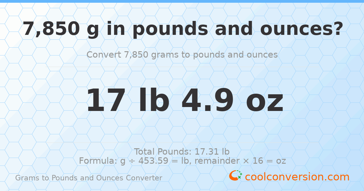 7850 g to lb and oz — 7850 g = 17 lb 4.9 oz