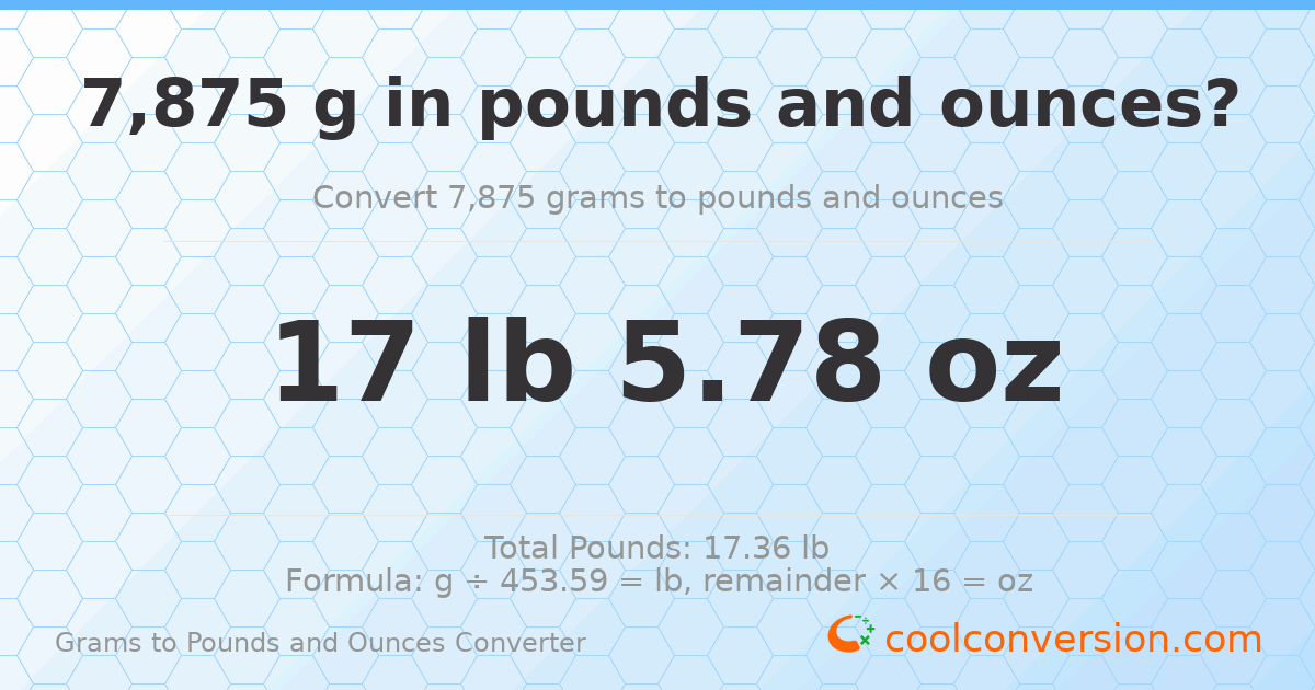 7875 g to lb and oz — 7875 g = 17 lb 5.78 oz