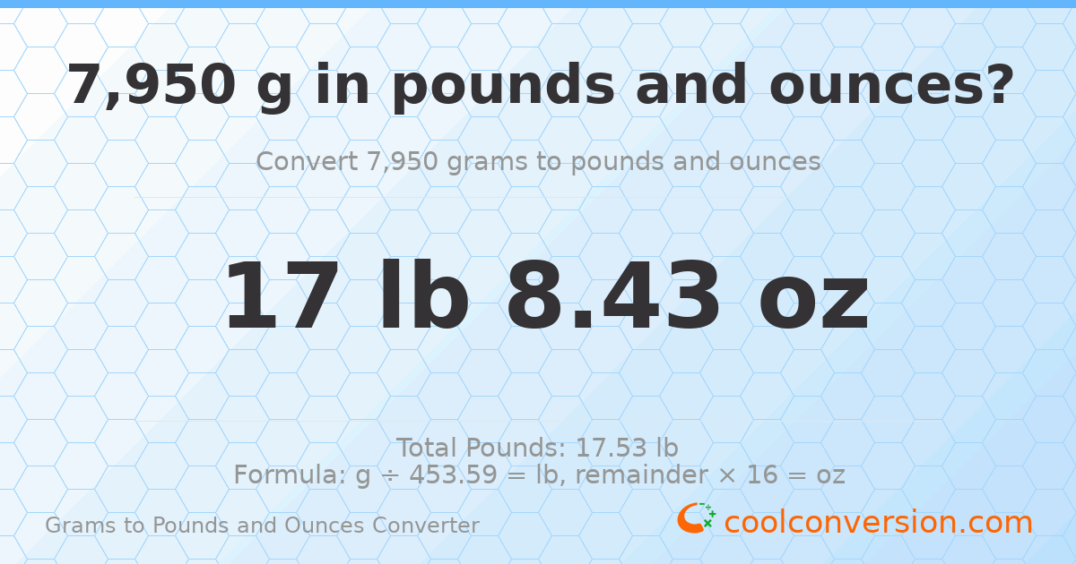 7950 g to lb and oz — 7950 g = 17 lb 8.43 oz