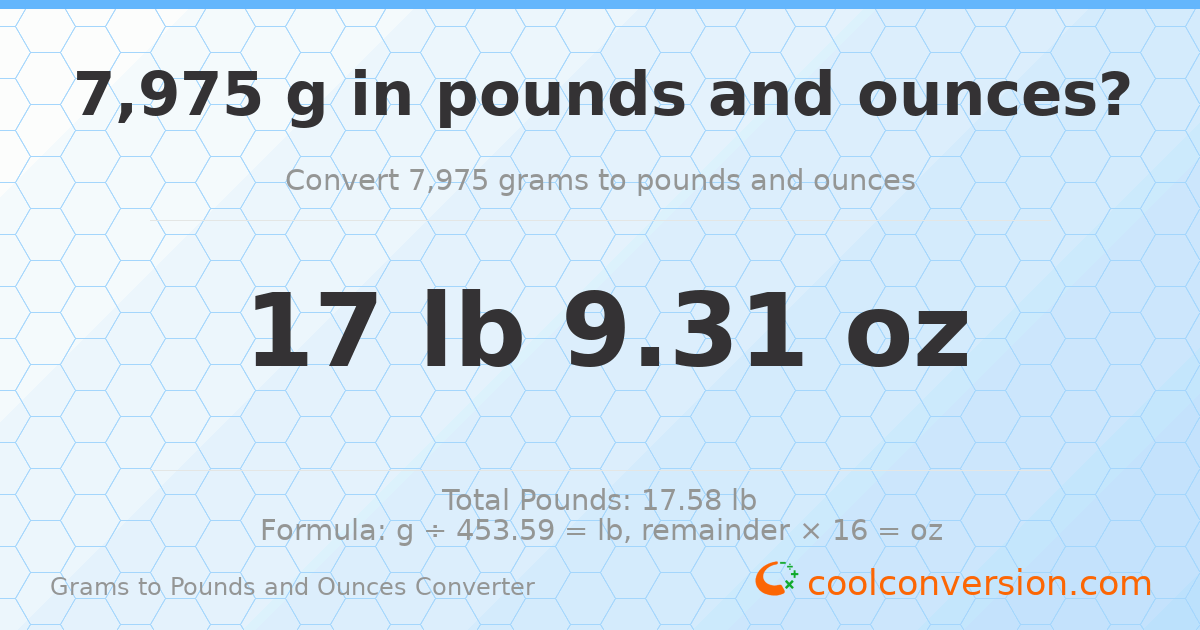 7975 g to lb and oz — 7975 g = 17 lb 9.31 oz