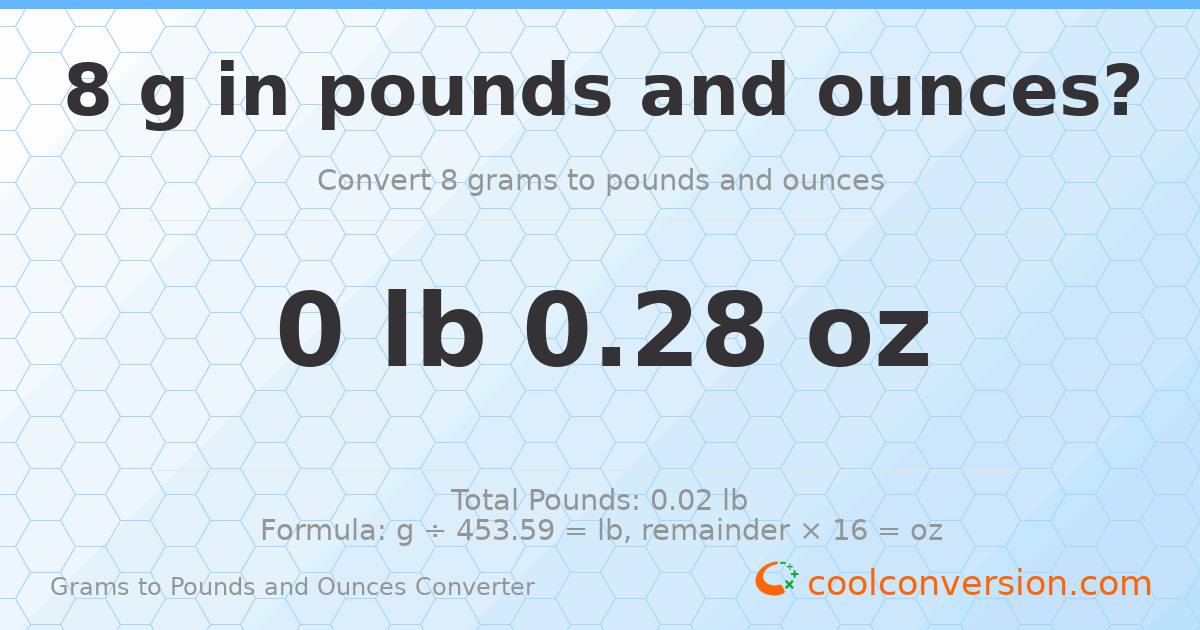 8 g to lb and oz — 8 g = 0 lb 0.28 oz
