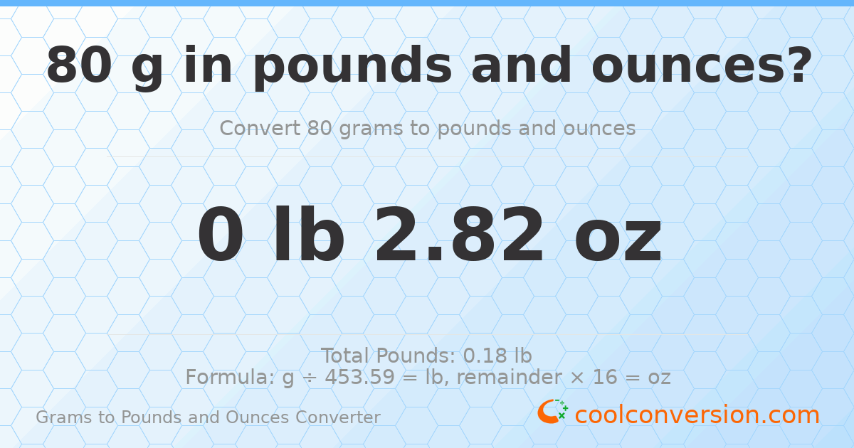 80 g to lb and oz — 80 g = 0 lb 2.82 oz