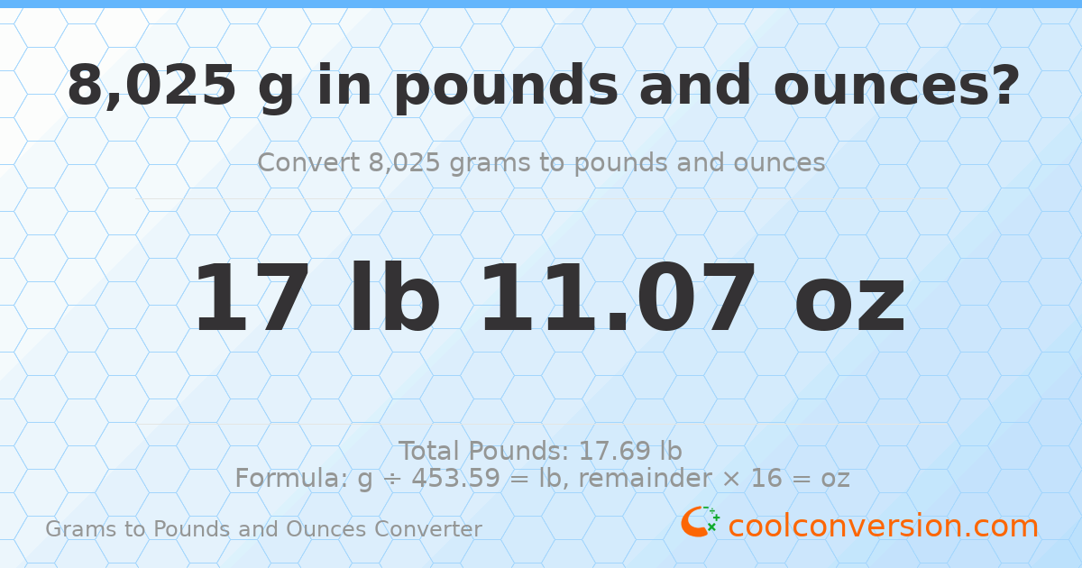 8025 g to lb and oz — 8025 g = 17 lb 11.07 oz