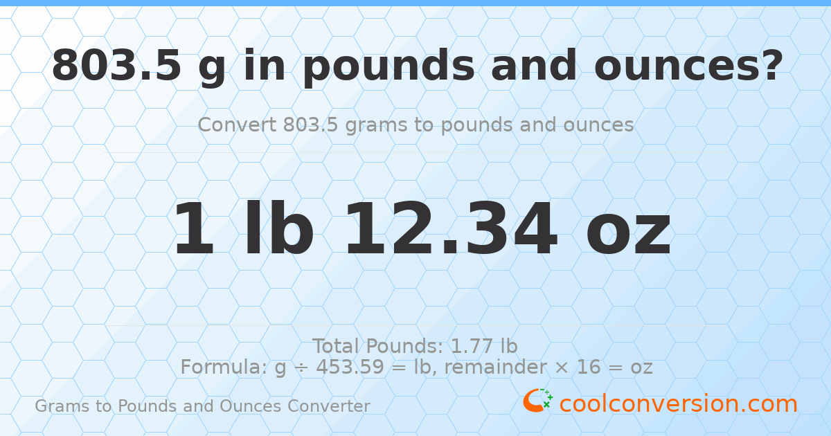 803.5 g to lb and oz — 803.5 g = 1 lb 12.34 oz