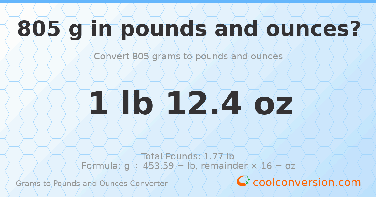 805 g to lb and oz — 805 g = 1 lb 12.4 oz