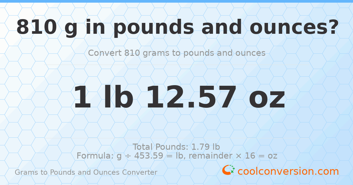 810 g to lb and oz — 810 g = 1 lb 12.57 oz