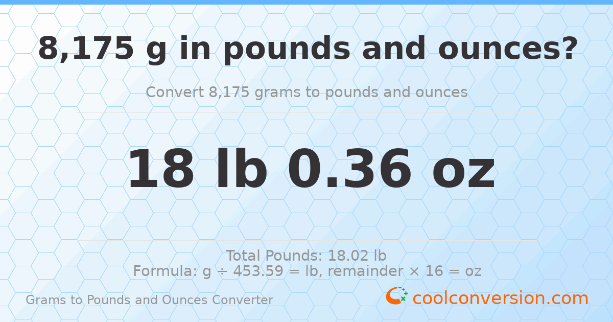 8175 g to lb and oz — 8175 g = 18 lb 0.36 oz