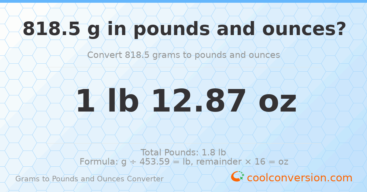 818.5 g to lb and oz — 818.5 g = 1 lb 12.87 oz