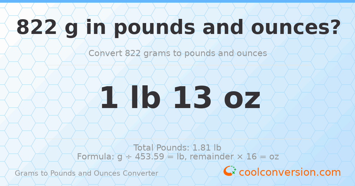 822 g to lb and oz — 822 g = 1 lb 13 oz