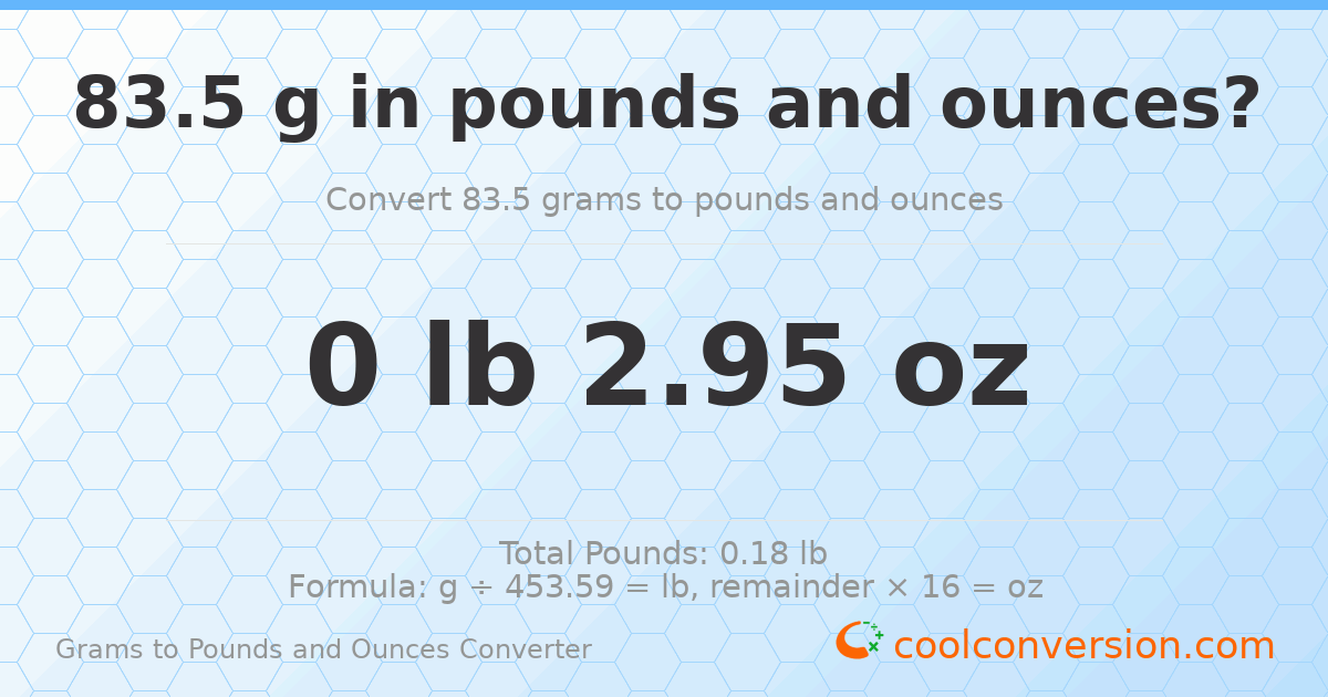 83.5 g to lb and oz — 83.5 g = 0 lb 2.95 oz