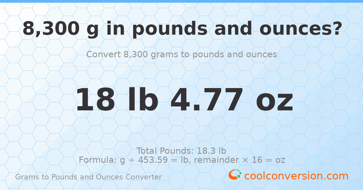 8300 g to lb and oz — 8300 g = 18 lb 4.77 oz