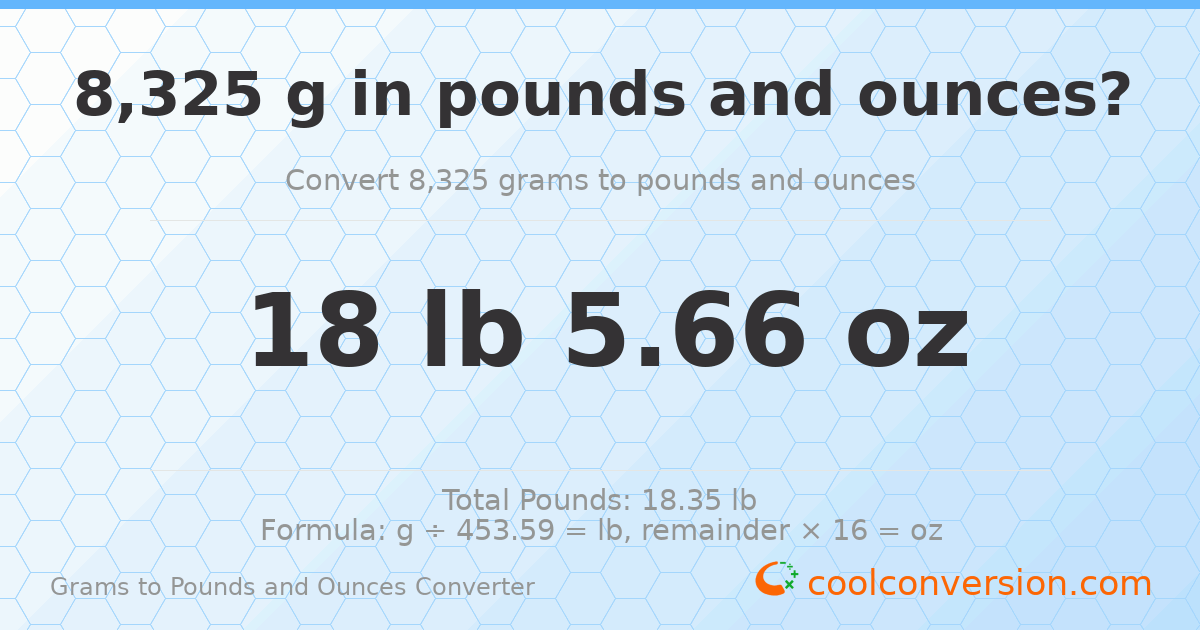 8325 g to lb and oz — 8325 g = 18 lb 5.66 oz