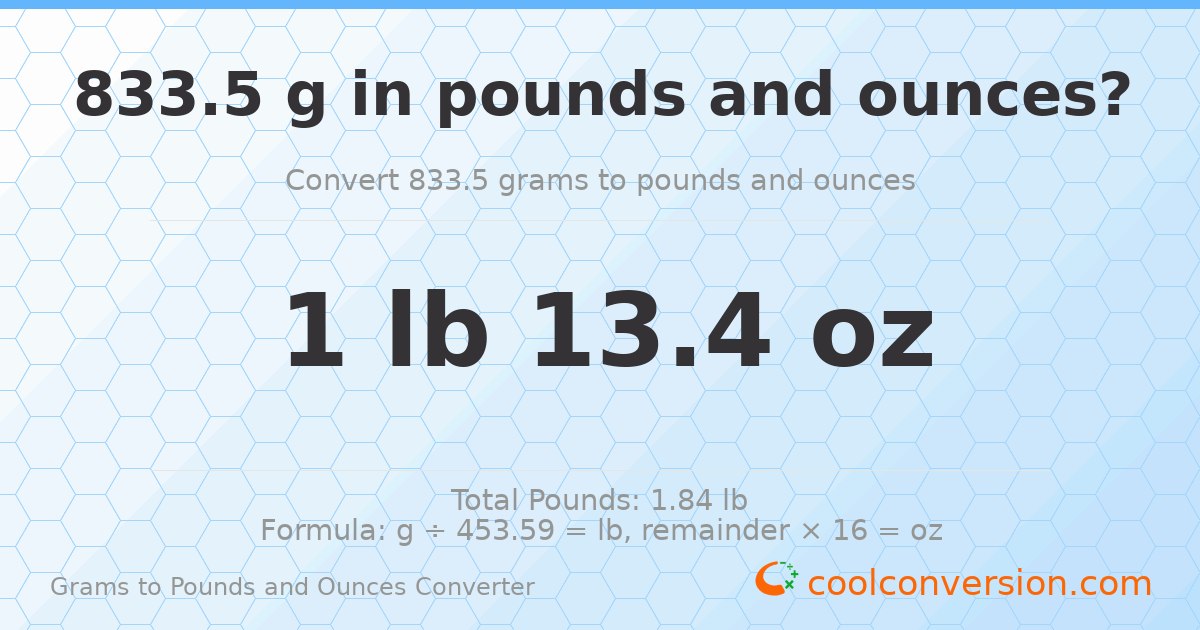 833.5 g to lb and oz — 833.5 g = 1 lb 13.4 oz