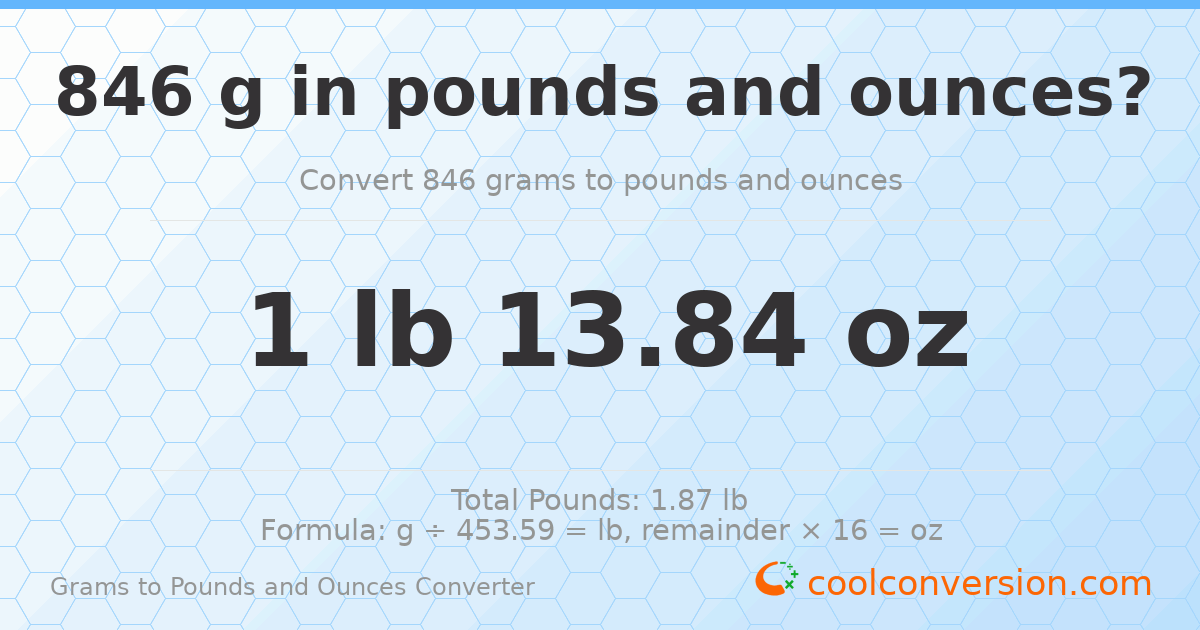 846 g to lb and oz — 846 g = 1 lb 13.84 oz