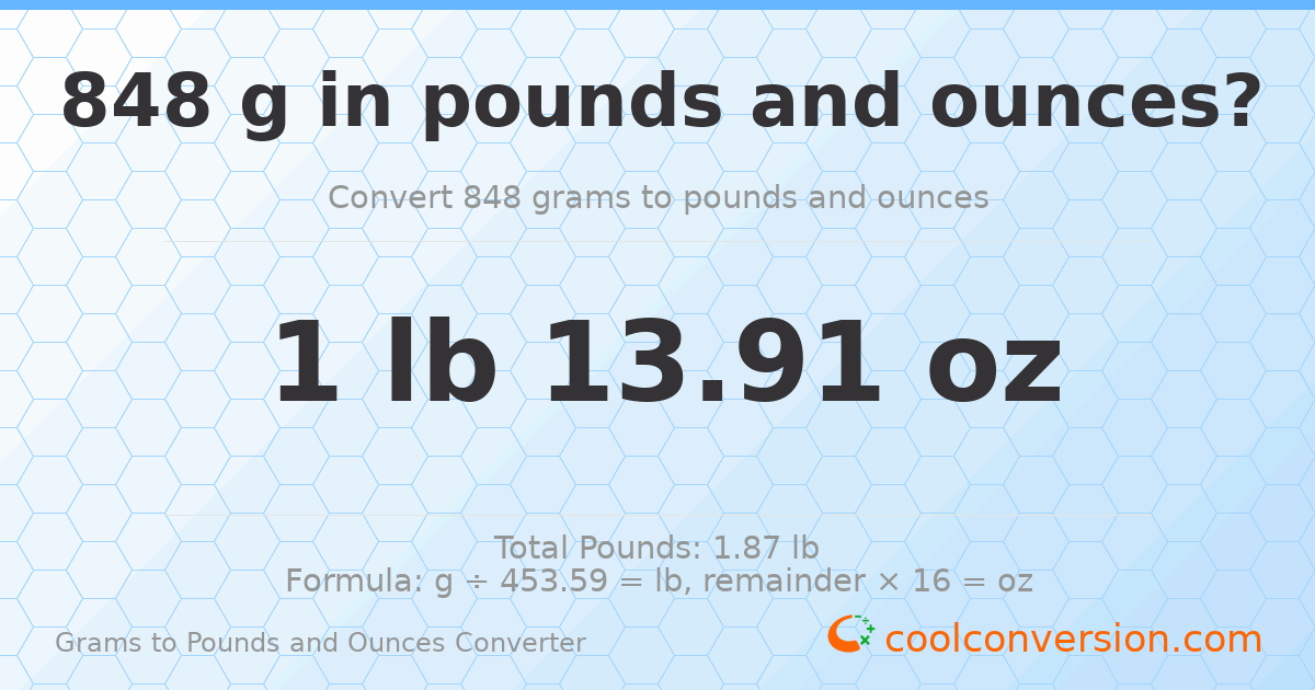 848 g to lb and oz — 848 g = 1 lb 13.91 oz